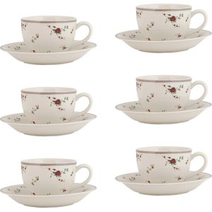 HAES DECO - Kop en Schotel set van 6 - inhoud 200 ml - kleuren Wit / Rood / Groen - Bedrukt Keramiek met Bloemen - Theeservies, Koffieservies, Theekoppen, Koffiekoppen, Cappuccino