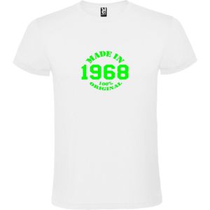 Wit T-Shirt met “Made in 1968 / 100% Original “ Afbeelding Neon Groen Size XS