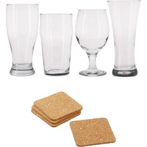 Speciaal bierglazen - 8x st - 4 soorten - incl. onderzetters - 8x st - 9 x 9 cm