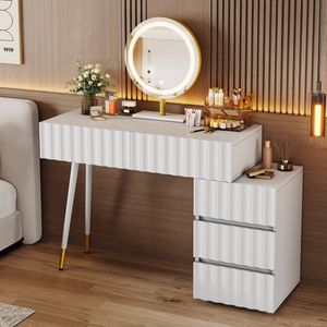 Dressoir met LED spiegel en verlichting - Witte kaptafel set voor slaapkamer met 5 ruime lades - 100x127x40 cm zonder kruk