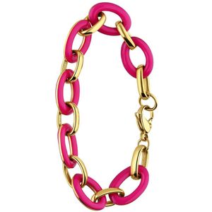 Lucardi Dames Stalen goldplated armband met fuchsia emaille - Armband - Staal - Goud - 21 cm