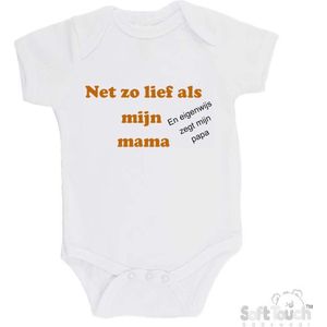 100% katoenen Romper "Net zo lief als mijn mama en eigenwijs zegt mijn papa" Unisex Katoen Wit/tan/zwart Maat 62/68