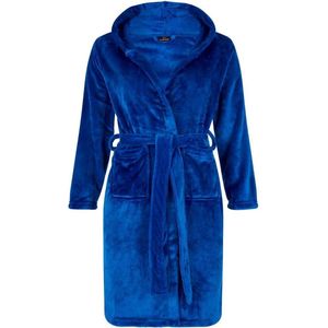 Kinderbadjas fleece - capuchon badjas kind - kobalt blauw - ochtendjas flanel fleece - maat 164/176