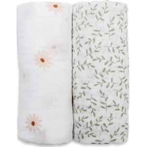 Lulujo - hydrofiele doek - swaddle - katoen - 100x100 cm - 2-pack - Daisies & Greenery