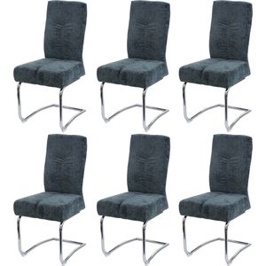 Set van 6 eetkamerstoel MCW-G56, keukenstoel sledestoel fauteuil, metaal stof/textiel chenille ~ blauw-groen