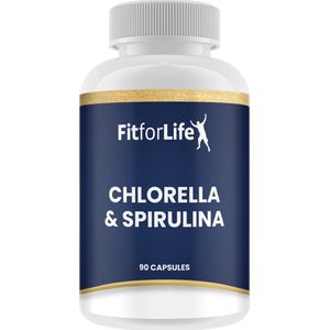 Fit for Life Chlorella en spirulina - Rijk aan mineralen, antioxidanten en vitaminen - Ondersteunt spijsvertering en immuunsysteem - De groene microalg helpt bij het ontgiften van de darmen - 90 vegatarische capsules - 525mg