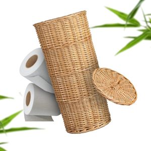Toiletrolhouder van handgevlochten Riet - Staand Toilet Paper Stand - voor 3 Rollen met Deksel - Badkamer Accessoire en Decoratie