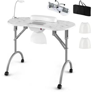 COSTWAY Manicuretafel inklapbaar, nageltafel met elektrische stofverzamelaar, ledlamp, polssteun, draagtas en wielen, manicuretafel, marmerlook, wit