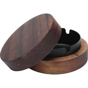 YONO Design Asbak met Deksel - Voor Binnen en Buiten - Walnoothout - Metaal - Zwart
