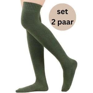 Damessokken - set van 2 paar warme overknee kousen groen - gevoerd - wintersokken - maat 36-40 - stretch - huissokken - wintersport