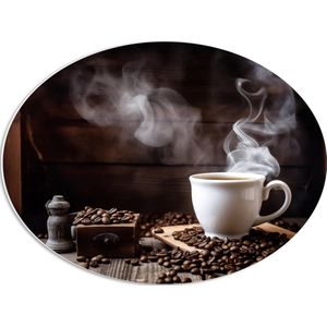 PVC Schuimplaat Ovaal - Koffie - Koffiebonen - Kopje - Rook - Bruin - 56x42 cm Foto op Ovaal (Met Ophangsysteem)
