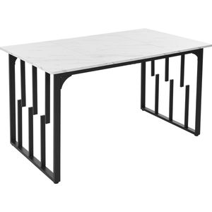 Merax Luxe Keukentafel in Modern Marmerlook - Rechthoekige Eettafelmet Verstelbare Poten - Wit Marmerpatroon met Zwarte Poten