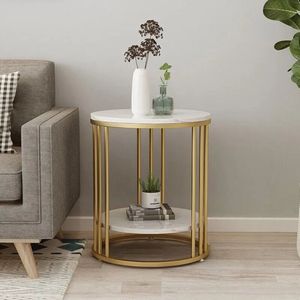 Bijzettafel Rond - Salontafels - Tafeltje Rond - Bijzettafeltjes Woonkamer - Legplank 2 Niveaus - Sieraden Opberger - Metalen Frame - Gold.