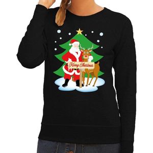 Foute kersttrui / sweater met de kerstman en rendier Rudolf zwart voor dames - Kersttruien XL