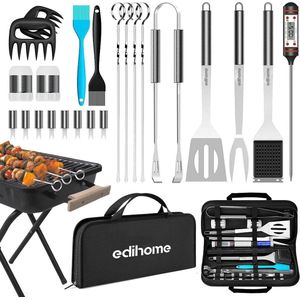 Edihome, barbecuebestek, barbecueaccessoires, 25-delige accessoireset, professionele set, roestvrij staal, cadeaus voor mannen, met koffer voor grillrooster, premium