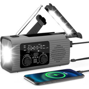 Draagbare radio - Noodradio - Noodradio solar opwindbaar - Opwindbare radio - Multifunctionele noodradio - 2000 mAh - Zaklamp - Grijs - ABS