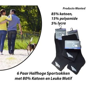 6 Paar Halfhoge Sportsokken met 80% Katoen en Leuke Motif 39-42 Zwart
