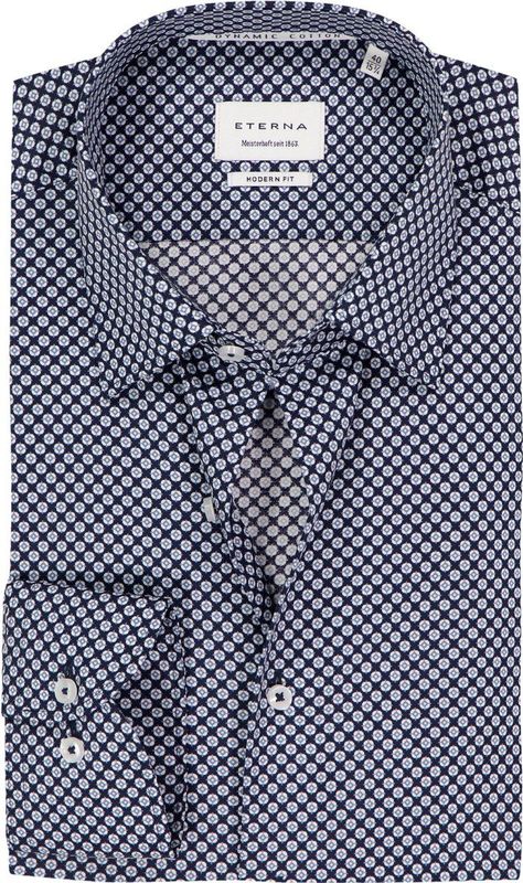 ETERNA - Modern Fit - Overhemd - Donkerblauw met Wit en Lichtblauw Dessin - Strijkvrij