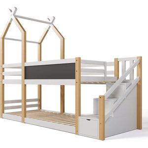 Trovado Boomhut Stapelbed - Wit Stapel bed Huisje - Stapelbed voor kinderen - 90x200 - Incl. lattenbodem - Met trap en Opbergruimte - Krijtbord - 2 Personen -