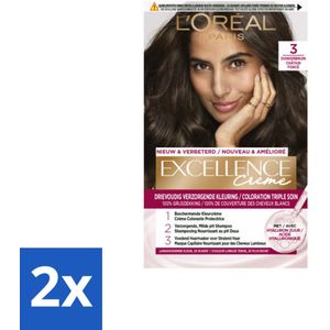 2 x L'Oréal Excellence Crème Permanente Crèmekleuring 3 Donkerbruin - Haarverf - Permanente Haarkleuring - Grijsdekking - L'Oréal Paris - Haarkleur