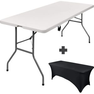 Elixpro Vouwtafel Wit 1x + Vouwtafelrok zwart 1x - Inklapbare tafel - 180x70cm - Weerbestendig - Klaptafel hoes- Campingtafel - Draagbare inklaptafel - Zwart