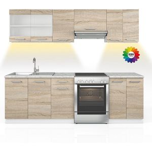 Vicco Raul Keukenblok – 240 cm , WB Marmer met LED-strip Sonoma , WB Marmer met LED-strip