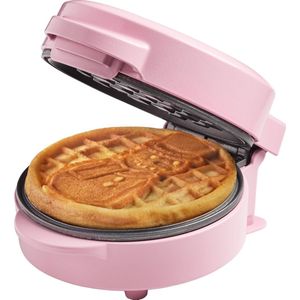 Bestron mini wafelijzer met sneeuwpopmotief, kleine wafelijzer met antiaanbaklaag, voor kinderverjaardagen, familiefeesten, Pasen of Kerstmis, retro design, 550 watt, kleur: roze