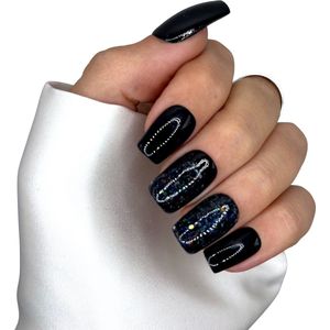 SD Press on Nails - Set No. 77 Black Magic - Zwart Glitter - Medium Recht - Handmade Plaknagels - Kunstnagels - Goth Halloween - Accessoires