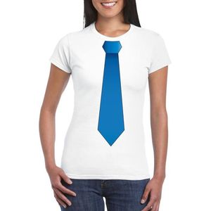 Wit t-shirt met blauwe stropdas dames XL