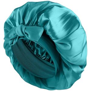 TRANKIELO® – Satijnen slaapmuts voor vrouwen – Haarbescherming tijdens nachtrust – Zacht zijden bonnet met strikband voor krullend haar – Blauwe kleur