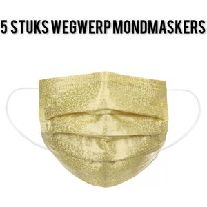 Glitter wegwerp mondmaskers - Goud - per 5 stuks