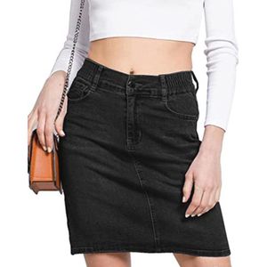 Dames Knielange Jeansrok met Elastische Taille en 4 Vakken