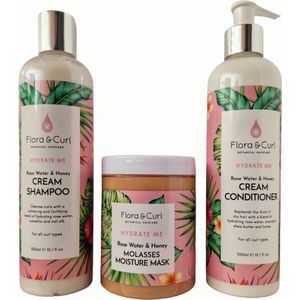 Flora & Curl Hydrate Me Rose Water and Honey Trio Shampoo 300ml + Conditioner 300ml + Moisture Mask 300ml