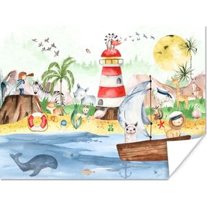 Poster kinderen - Wanddecoratie jongens - Strand - Dieren - Kinderen - Vuurtoren - Poster kinderkamer - 40x30 cm - Decoratie kinderkamers - Kinderkamer decoratie - Poster Babykamer