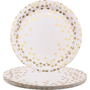 Kleine papieren borden 178 cm wit met champagne-gouden stippen feestservies voor Kerstmis - barbecue - verloving - bruiloften - verjaardagen - picknicks 25 stuks