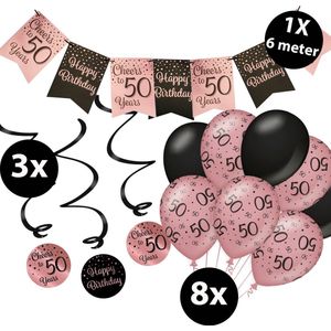 Verjaardag Versiering Pakket 50 jaar Roze en Zwart - Ballonnen Zwart & Roze (8 stuks) - Vlaggenlijn Rosé en Zwart 6 meter (1 stuks) - Vlaggenlijn gekleurd 50 jarige - Vlaggetjes Slinger Verjaardag 50 Birthday - Birthday Party Decoratie (50 Jaar)