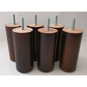 Set van 6 stuks houten Boxspring Bedden Meubelpoten Wengé (donker bruin) Beuken Rond 12 cm hoogte 5 cm doorsnede met M8 draadeinde