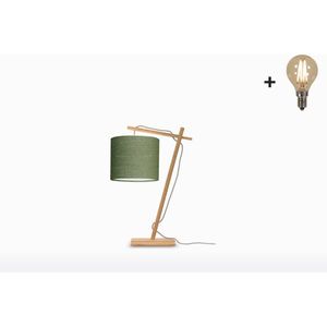 Tafellamp – ANDES – Naturel Bamboe - Groen Linnen - Met LED-lamp