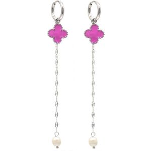 Oorbellen - Klaver en Parel - Oorhangers - RVS - 9 cm - Zilverkleurig en Fuchsia