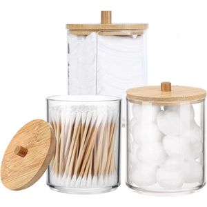 3 Stuks Acryl Qtip Houder Badkamer Set, Clear Ronde Acryl Qtip Houder, Clear Katoen Ball Pad, voor Make-Up Thuiskantoor Badkamer Opslag Met Bamboe Deksels