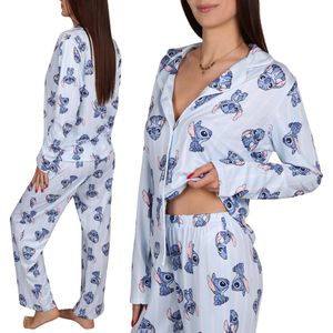 DISNEY Stitch Dames, RITSPAJAMA met lange mouwen, BREDE BROEKSPIJPEN, knoopsluiting, SLAAPPAJAMA / M