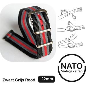22mm Premium Nato Strap Rood Grijs Zwart - Vintage James Bond - Nato Strap collectie - Mannen Vrouwen - Horlogeband - 22 mm bandbreedte voor oa. Seiko Rolex Omega Casio en Citizen