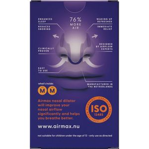 Voordeelverpakking 2 verpakkingen Airmax neusspreider maat M x 2 st. Vermindert snurken en ter verbetering van de neusademhaling.