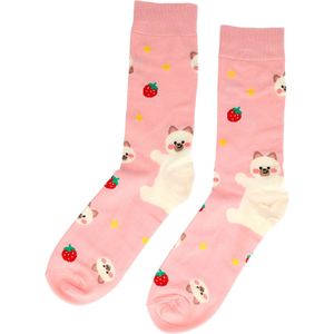 Sokken - Kat - Katoen - Uniseks - Schoenmaat 38-45 Funny Wit Roze