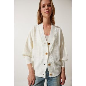 Happinessistanbul Ecru Gevlochten Los Gebreide Damesvest Met Ballonmouwen Za00039