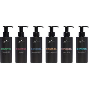 Douchegel Set - Fresh Ginger + Hamam + Hammam Herbal + Sweet Orange & Cedarwood + White Lotus en Zen Moment - Claudius Cosmetics - bodycare - luxe fles - set van 6 stuks - Showergel - Cadeau - giftset voor hem en haar
