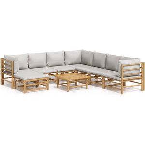 vidaXL Loungeset - 9-delig - Bamboe met Kussens - Lichtgrijs Bamboetuinset - Loungebank - Tuinset Bruin - Tuinlounge Set - Outdoor Furniture