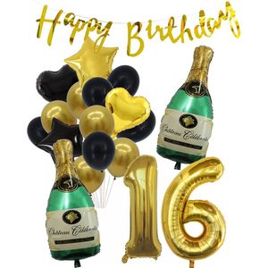16 Jaar Verjaardag Cijferballon 16 - Feestpakket Snoes Ballonnen Pop The Bottles - Zwart Goud Groen Versiering
