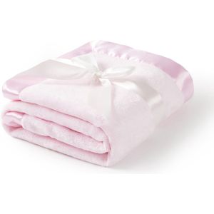 Pluche babydeken voor meisjes met 5 cm satijnen rand, superzachte pluche inbakerdeken voor pasgeboren peuters, gezellige deken van 76 x 102 cm voor wieg en kinderwagen (roze)