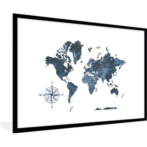 Fotolijst incl. Poster - Wereldkaart - Luxe - Blauw - 120x80 cm - Posterlijst